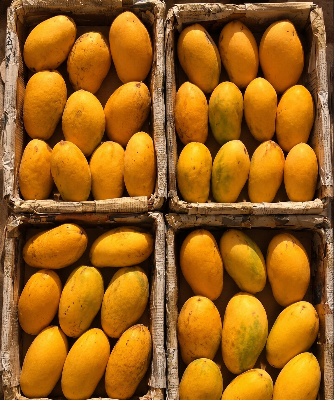 Crates of ripe yellow mangoes